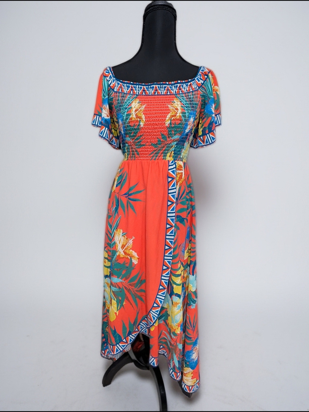 Jealous Tomato - Small - Tropical Floral Orange Off-Shoulder Maxi Dress